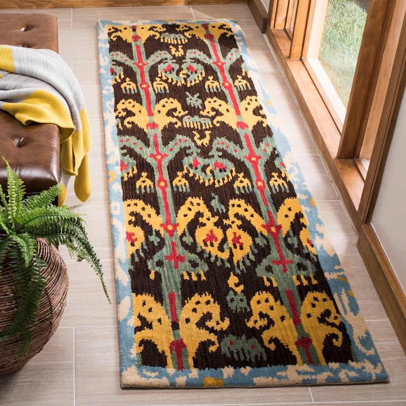 SAFAVIEH Handmade Ikat Krete Modern Wool Rug - 2'3" x 8' Runner - Charcoal/Blue