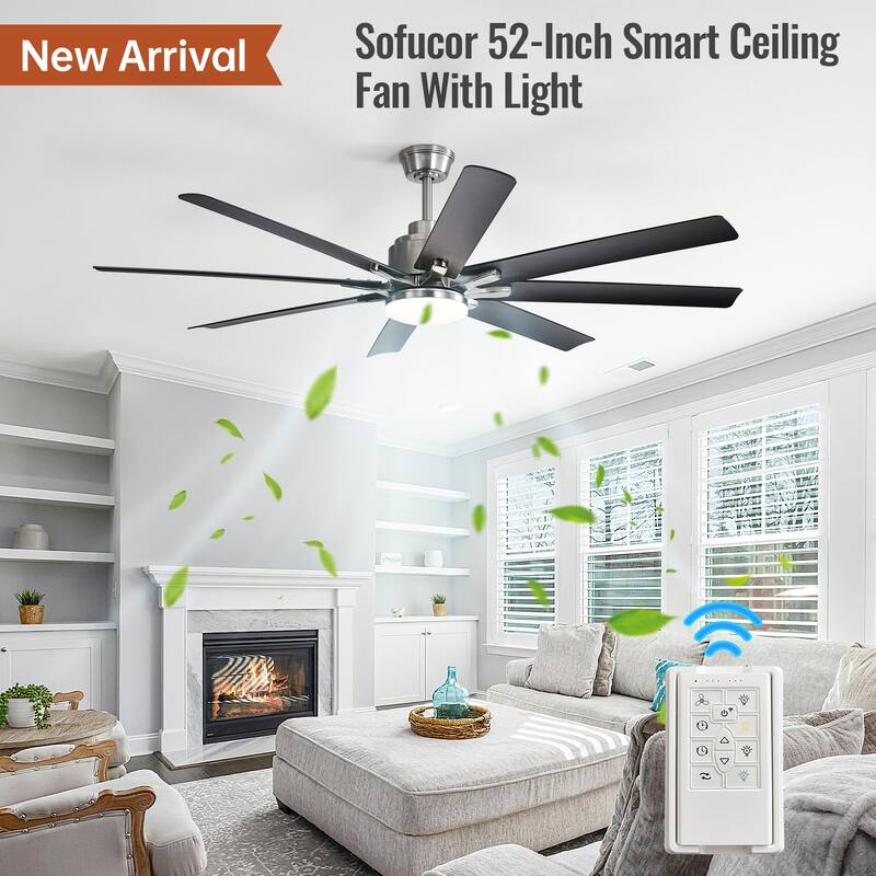 52 Inch/66 Inch/72 Inch Modern Ceiling Fan with Dimmable LED Light ,Remote&APP Control,8 Blades for Large Living Room,Porch - 52Inch - (Remote Control)Silver and Black ABS Blades