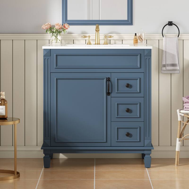 30" Bathroom Vanity with Ceramic Sink, Small Bathroom Sink Cabinet, Modern Cabinet with 2 Drawers and Adjustable Shelf - Blue