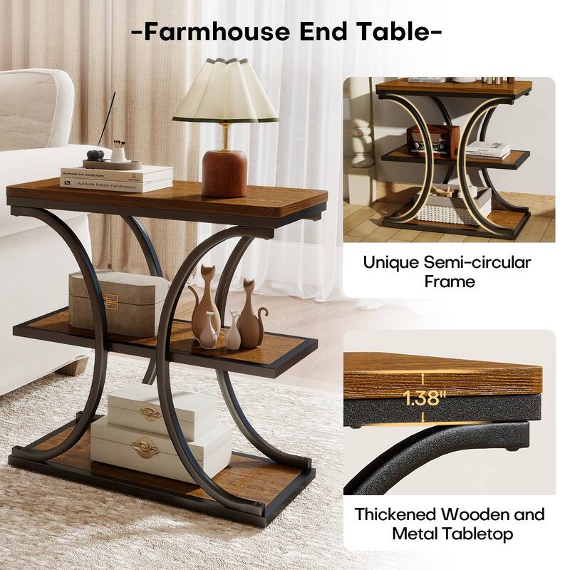 3-Tier Wood End Table Industrial Sofa Side Table with Storage Shelves - 23.62"L x 11.81"W x 23.62"H