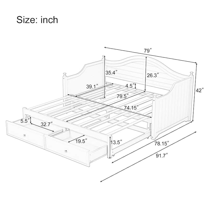 Twin Size Wood Daybed with Pop-Up Trundle and Storage Drawers by Harper&Bright Designs