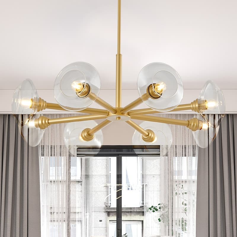 Modern Gold Sputnik Chandelier with Clear Glass Shades, Mid-Century Hanging Pendant Light Fixture for Dining Room.