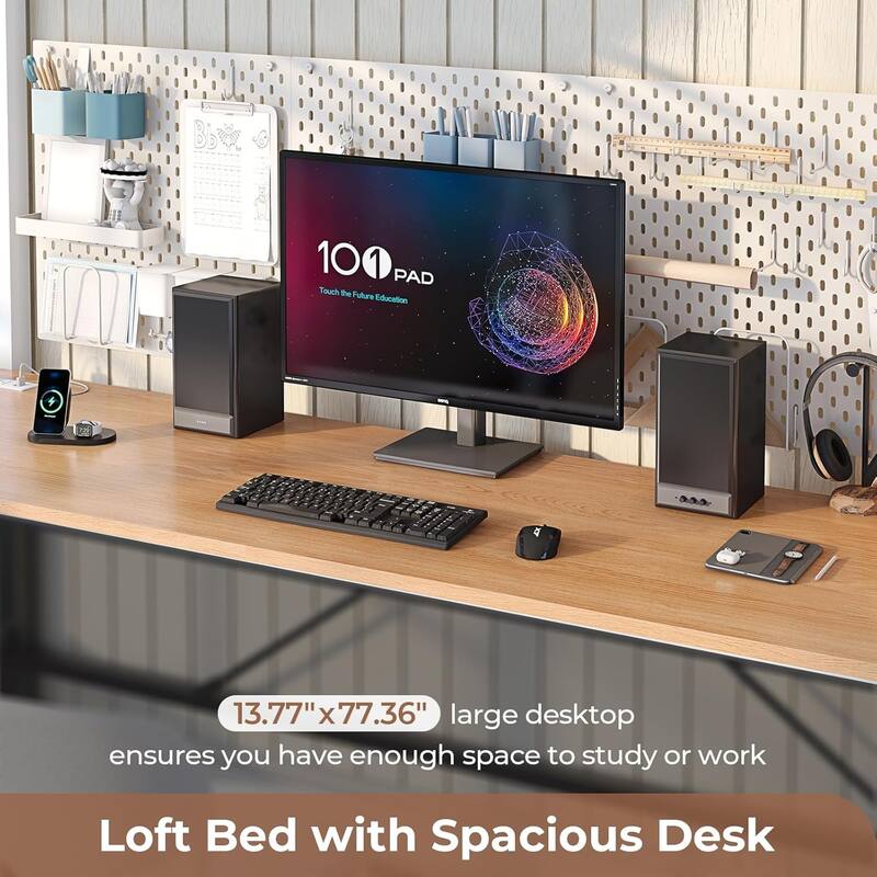 Loft Bed with Desk Gaming Bunk Bed LED Lights Charging Station