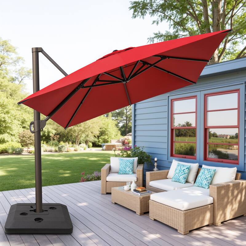 13 ft x 10 ft Outdoor Aluminum Patio Cantilever Offset Umbrella with Base - Red