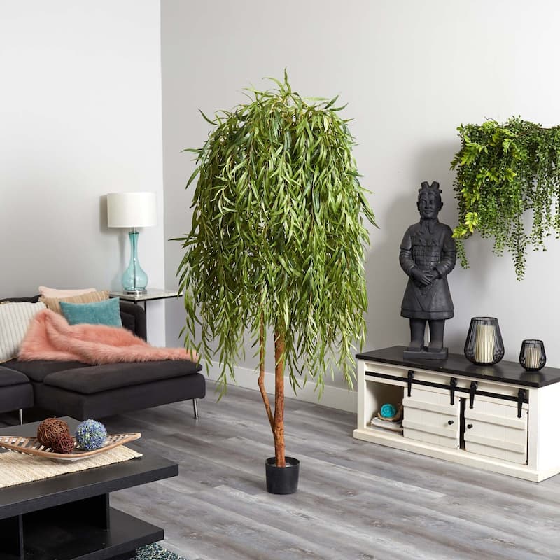 7ft Artificial Willow Tree - Indoor Decorative Tree, Realistic Green Leaves, Bohemian Home Decor, Tall Indoor Plant