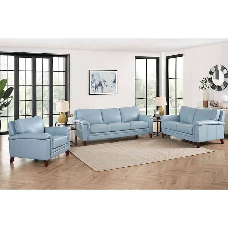 Hydeline Westcott Top Grain Leather Sofa Loveseat and Chair Set with Memory Foam and Springs - Spa Blue