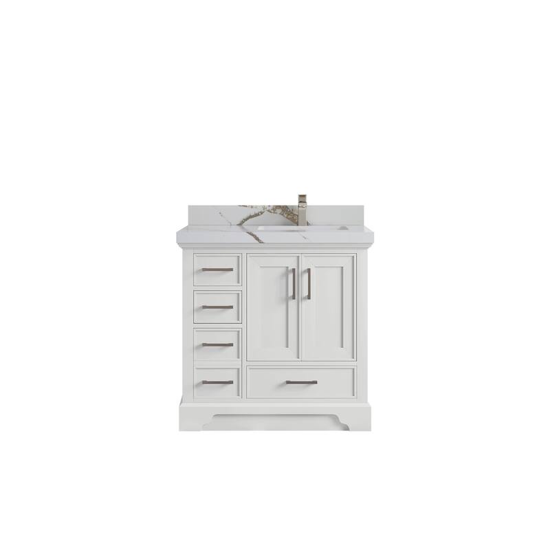Willow Collections 36 x 22 Charlotte D Right Offset Sink Bathroom Vanity with Countertop - 2”Calacatta Gold - White