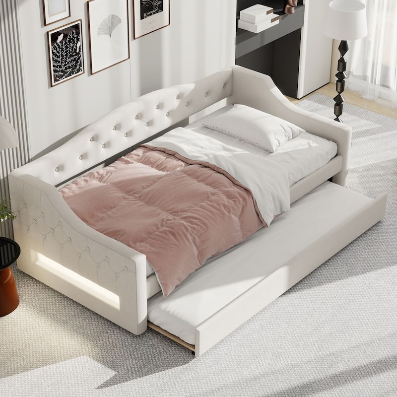 Linen Fabric Daybed Sofa Bed with LED Lights on Both Sides, Upholstered Tufted Platform Bed Frame with Trundle Bed