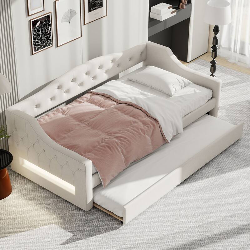 Twin XL Linen Upholstered Daybed with Color-Changing LED Lights and Space-Saving Trundle, Sturdy Frame