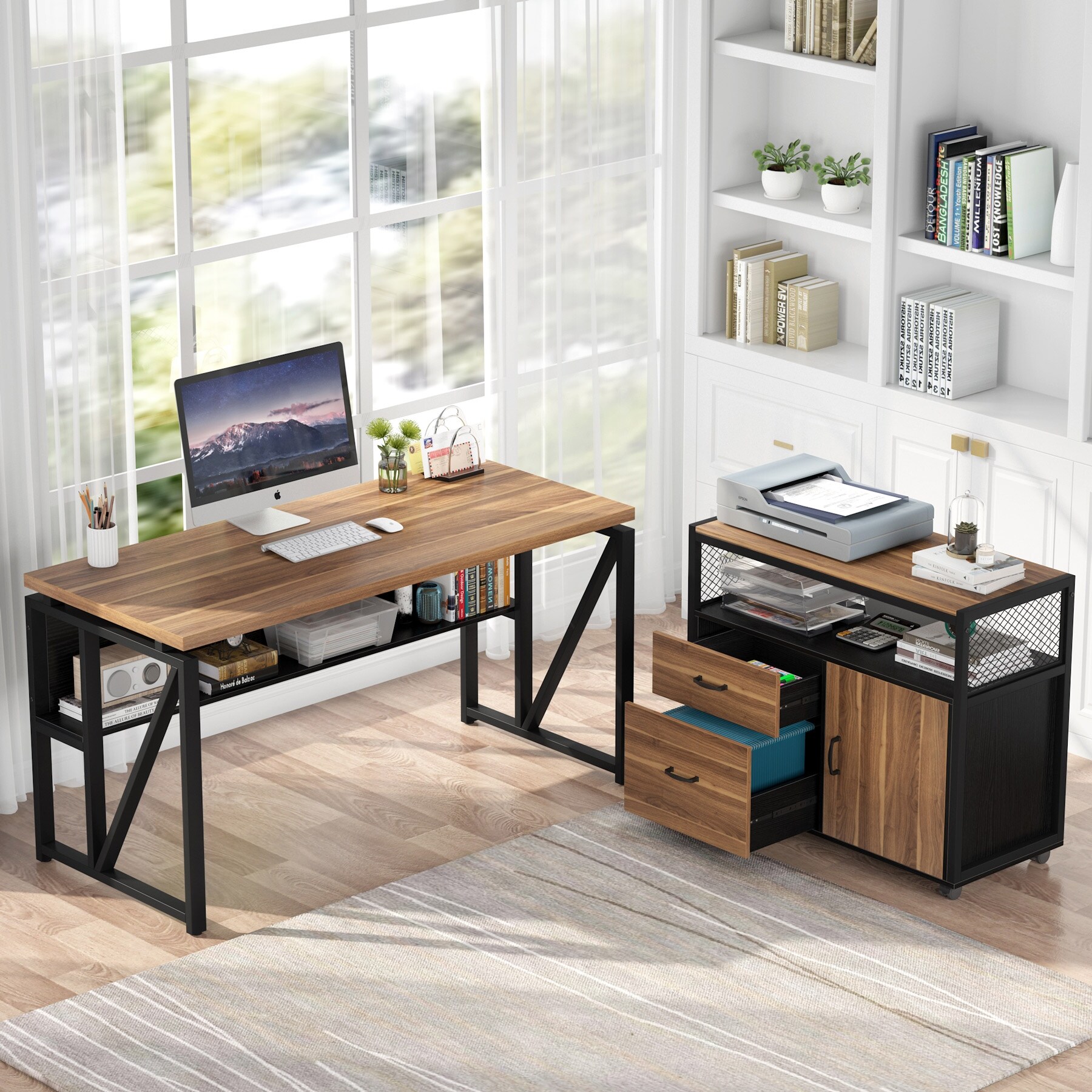 63-inche L Shaped Desk with Lateral Cabient, 2 piece Home Office