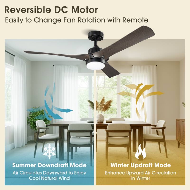52" Modern Dark Walnut Dimmable LED Propeller Ceiling Fan with Light and Remote