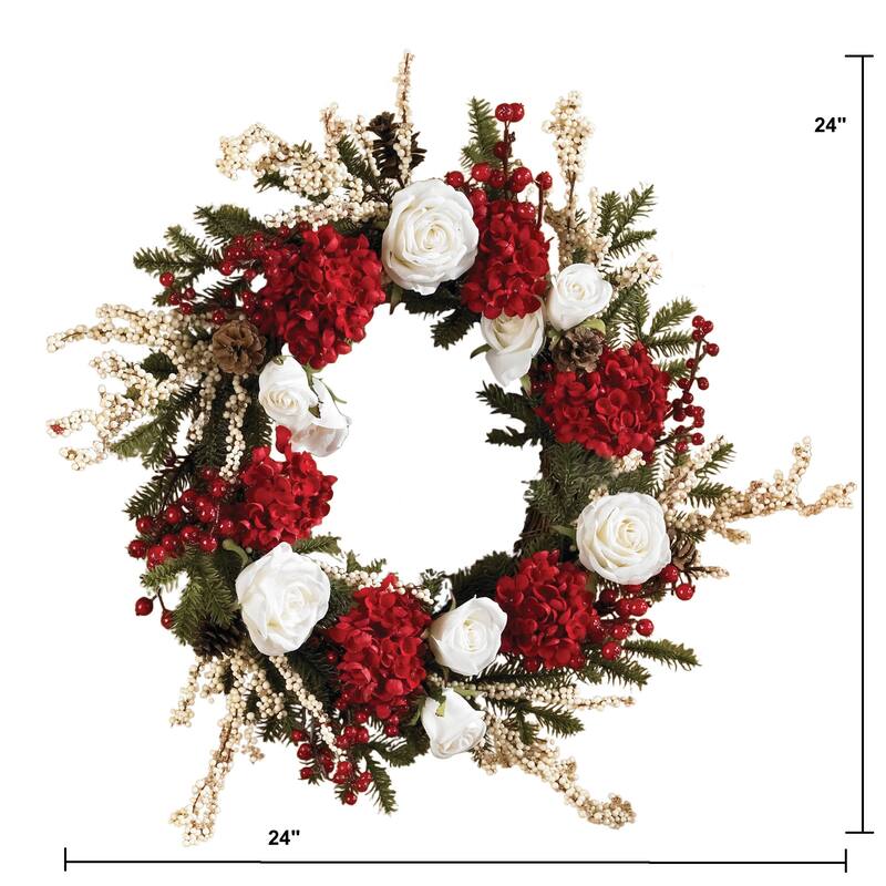 Hydrangea and White Roses Artificial Wreath, 24-Inch, Unlit