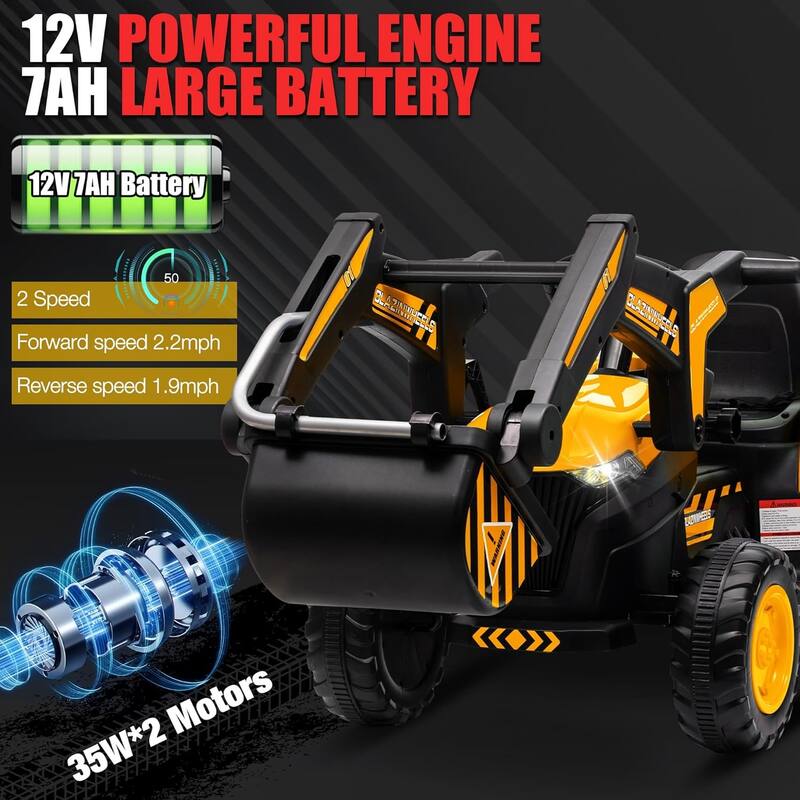 12V Kids 3 in 1 Ride on Excavator & Tractor with Detachable Trailer