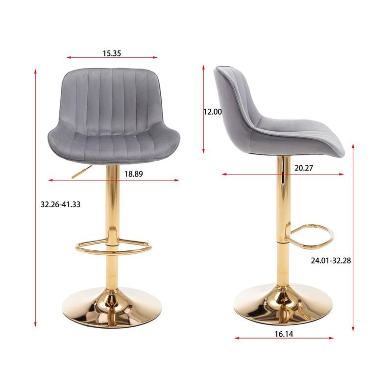 2 Velvet Bar Stools with Chrome Footrest and Base Swivel Height Adjustable - N/A