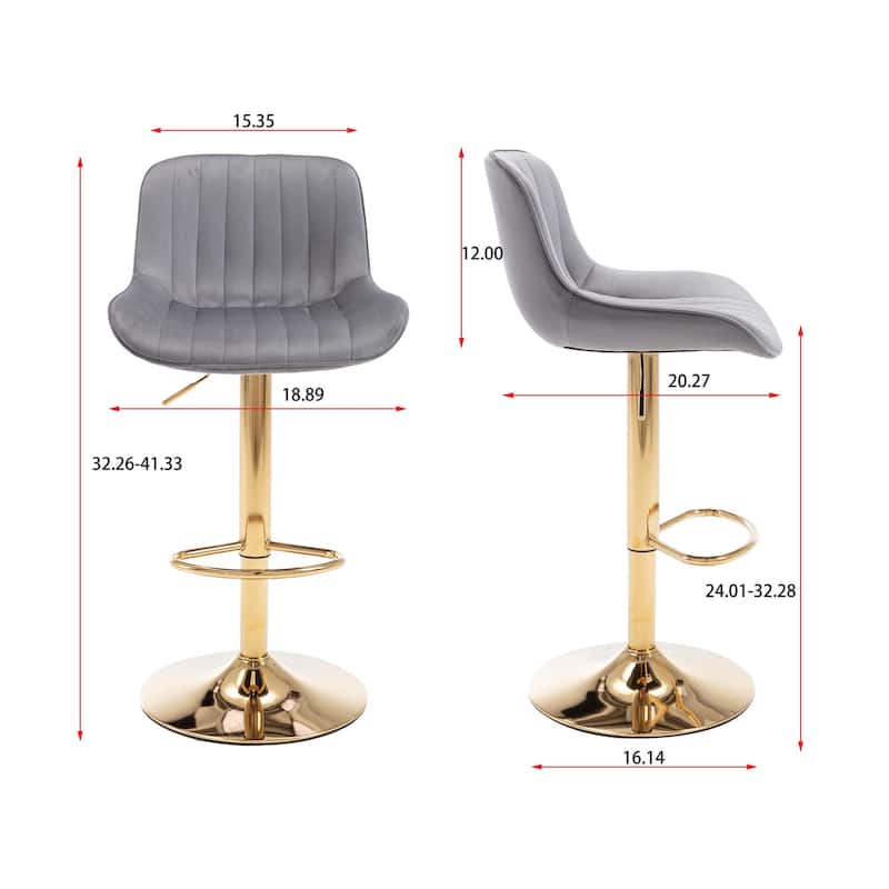 Velvet Bar Stools Set of 2, Swivel Bar Stools with Adjustable Height, Kitchen Island Stools with Footrest and Golden Leg
