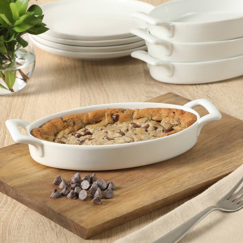 Gibson Home Gracious Dining Oval Au Gratin Baking Dishes, 4-Piece Set - 9oz or 15oz Oven Safe Ceramic with Handles - white