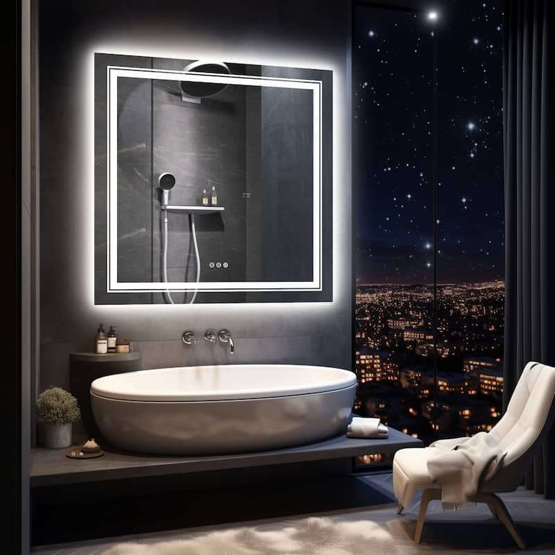 LED Bathroom Mirror with Dual Lights Backlit Mirror Square Anti-Fog - 36"x36"