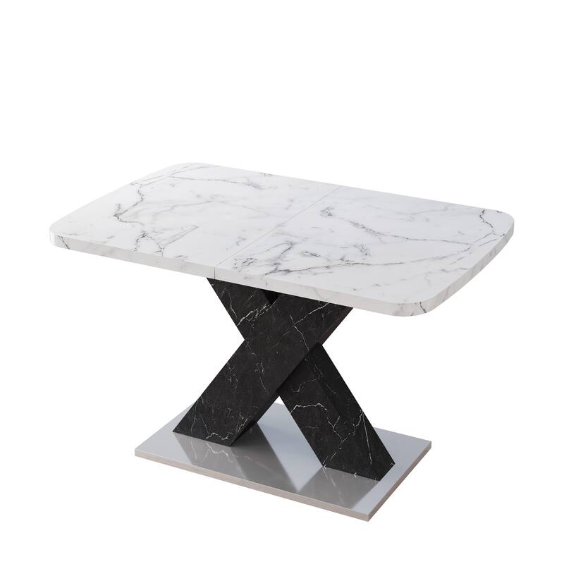 Modern Square Dining Table, Stretchable, with X-Shape Table Leg with Metal Base