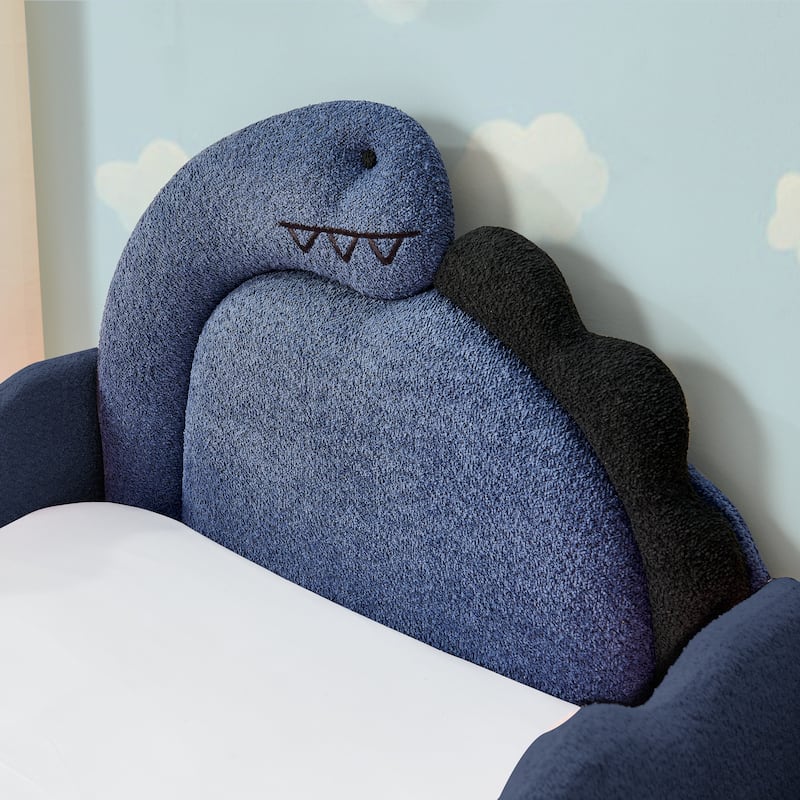 Twin Dinosaur-Shaped Kids Bed with Safety Guardrail - Solid Wood Toddler Bed Frame in Boucle Fabric