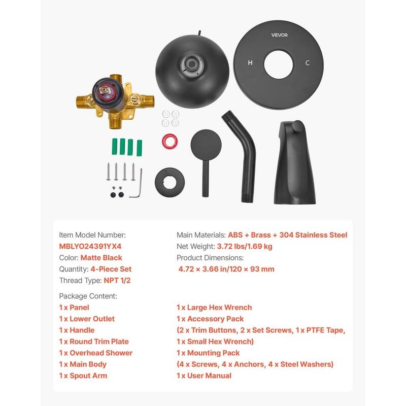 Matte Black ABS Stainless Steel Tub and Shower Faucet Set with 9-Mode High-Pressure Shower - 4.72 x 3.66 in