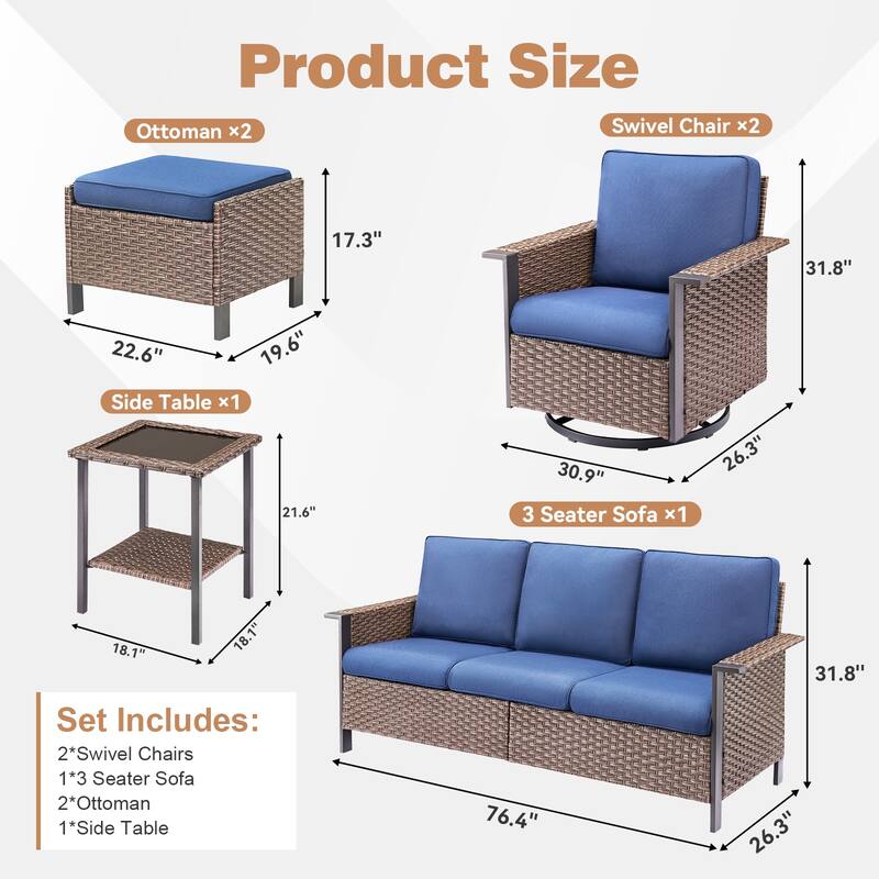 Pocassy Outdoor Wicker Sofa Glider Chair with Ottoman Set - Brown Wicker Blue Cushion - 5-Piece Sofa Swivel Chair Table with Ottoman