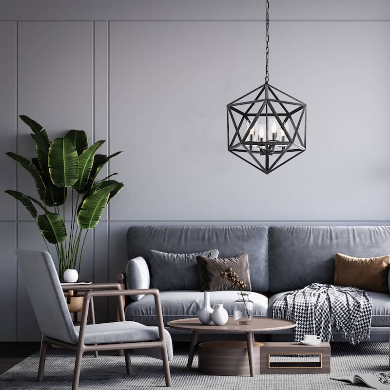 Antique Black 4-Light Geometric Cage Chandelier