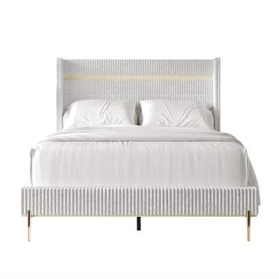 CraftPorch Corduroy 4-pieces Glam White Bed with White Furniture Bedroom Set