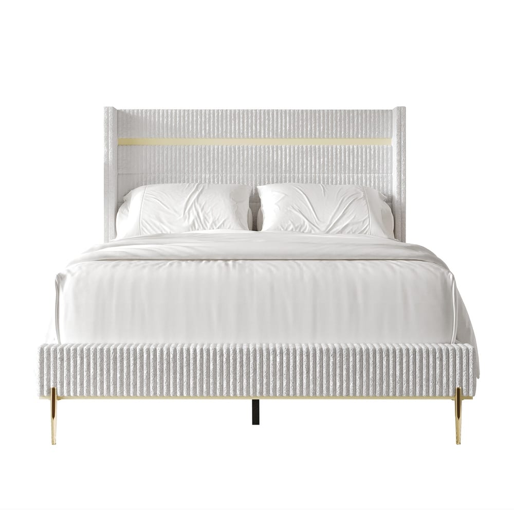 CraftPorch Corduroy 4-pieces Glam White Bed with White Furniture Bedroom Set