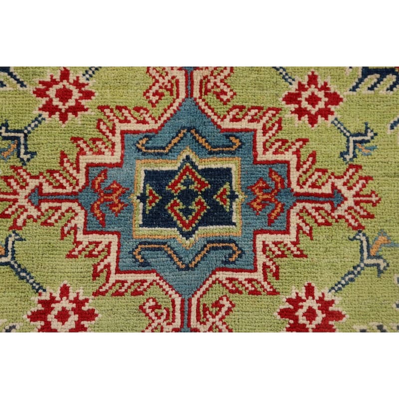 Pistachio Green Geometric Kazak Accent Rug Handmade Wool Carpet - 3'3" x 4'11"