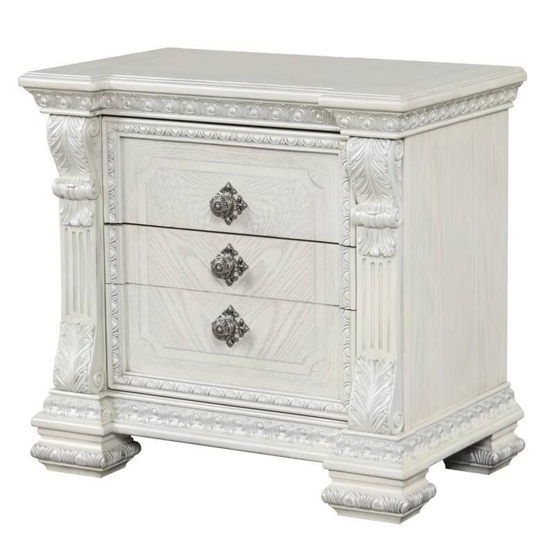 Naddy Nightstand, 2 Drawers, USB, Wire Brushed White Wood, 30 Inch