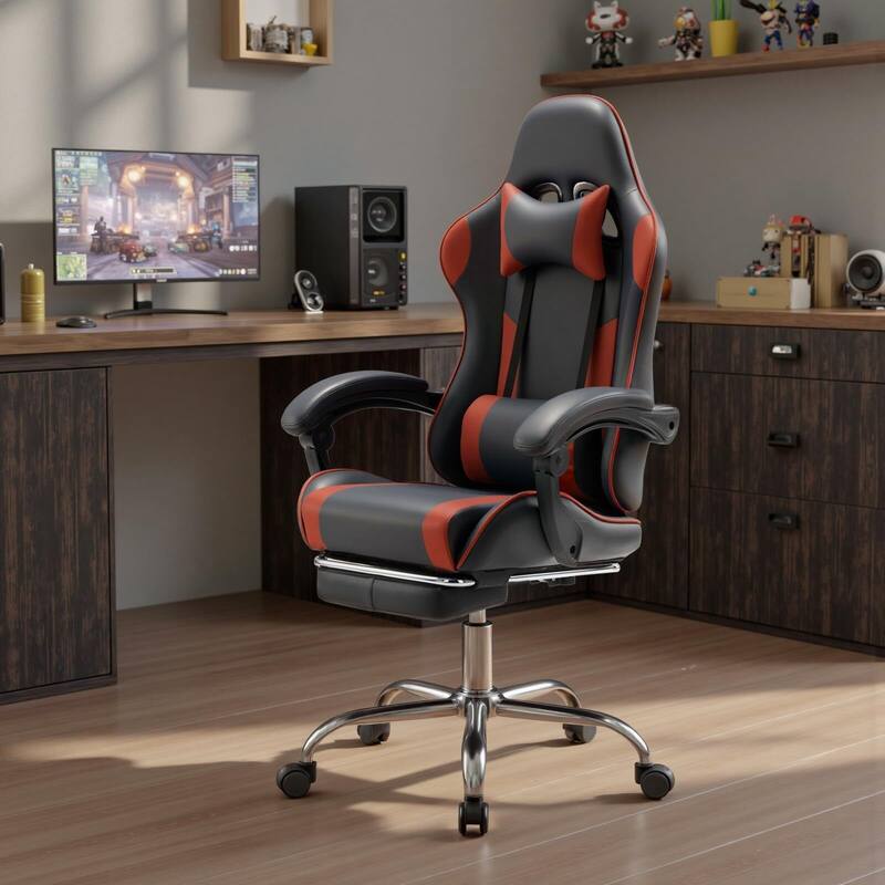 Ergonomic Faux Leather High Back Gaming Chair with Footrest & Linkage Armrests – Black & Gray for Adults