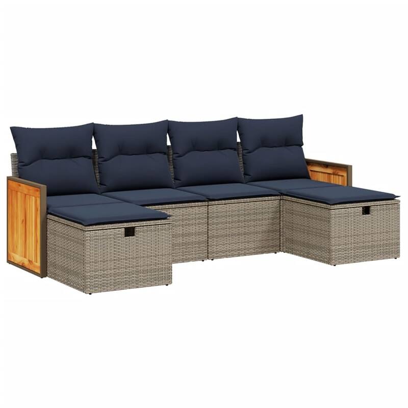 vidaXL 6 Piece Patio Sofa Set with Cushions Gray Poly Rattan - 21.7" x 24.4" x 27.2"