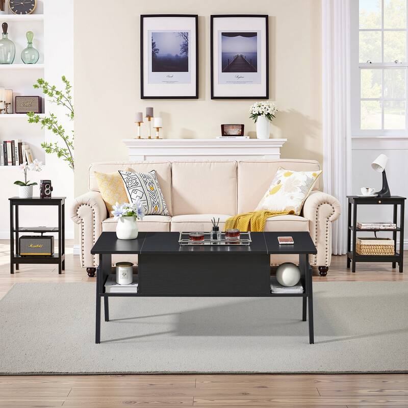 VECELO 3-Piece Coffee Table Set,Lift Top Coffee Table with Hidden Storage and Nightstands Set of 2 - Black