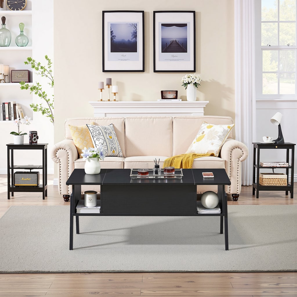 VECELO 3-Piece Coffee Table Set,Lift Top Coffee Table with Hidden Storage and Nightstands Set of 2