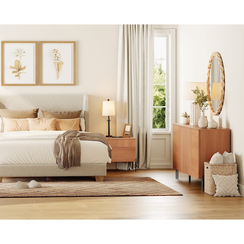 WAMPAT Modern Minimalist Nightstand And Bedside Cabinet Set, Reeded Bedroom Set, Oak Wooden Chest With Hidden Handles