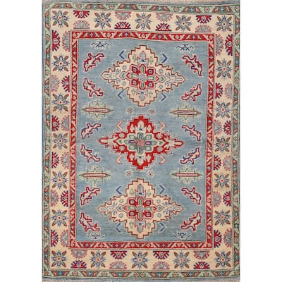Light Blue Geometric Kazak Oriental Rug Hand-Knotted Wool Carpet - 3'4"x 4'10"