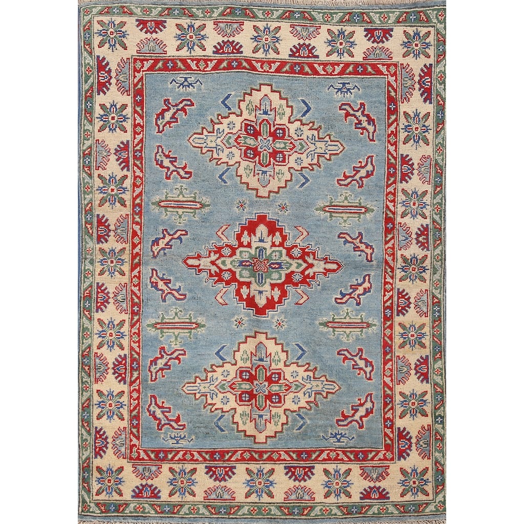 Light Blue Geometric Kazak Oriental Rug Hand-Knotted Wool Carpet - 3'4"x 4'10"