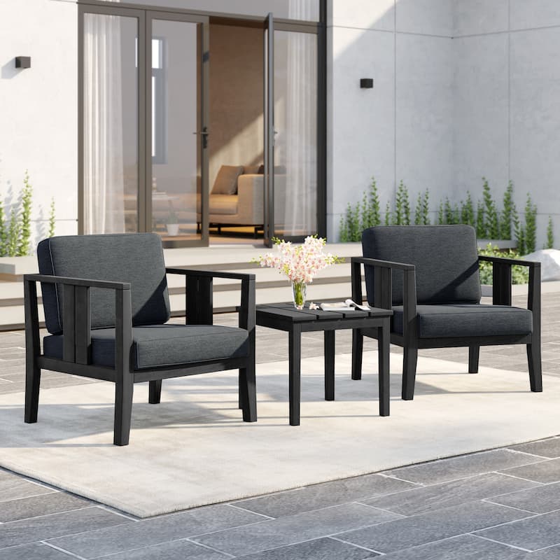 Uixe 3-piece Teak Solid Wood Outdoor Arm Chairs with Side Table Set - Black frame-Darkgrey