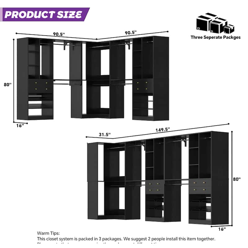 Rackcog Freestanding Corner Closet System Set, Closet Organizer with Hanging Rods and Drawers