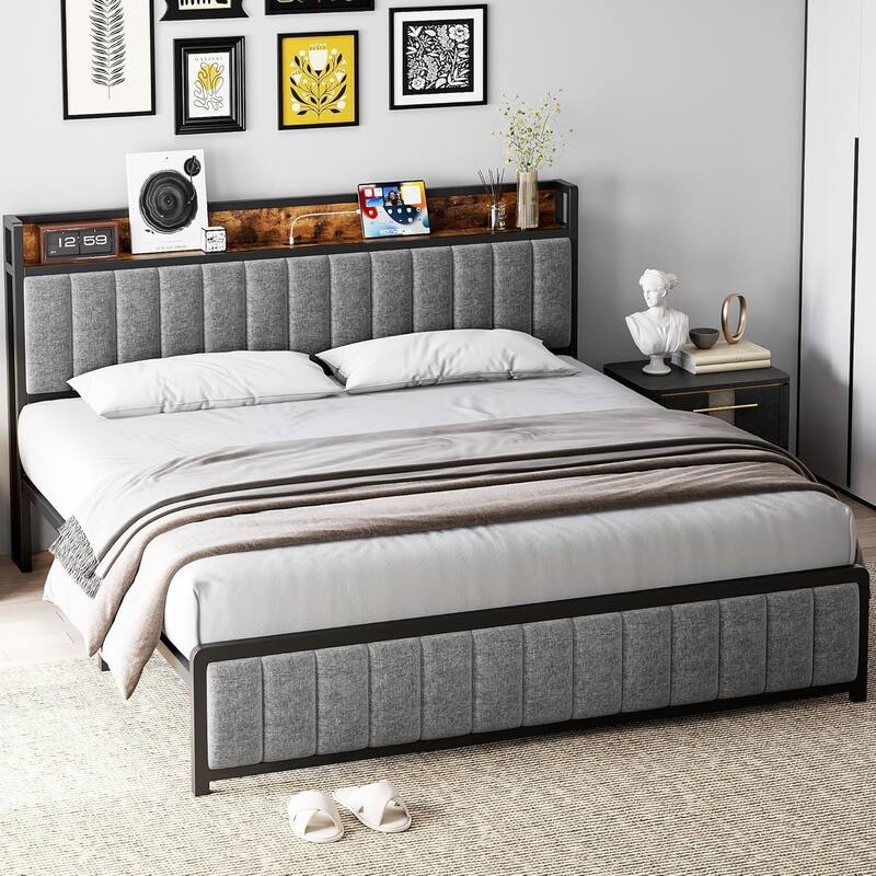 Full Size Upholstered Platform Bed Frame with Storage Headboard, Charging Station, Metal Slats, Noise-Free Design