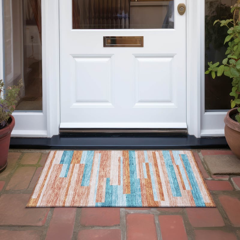 Machine Washable Indoor/ Outdoor Modern Stripes Chantille Rug - Orange - 1'8" x 2'6"