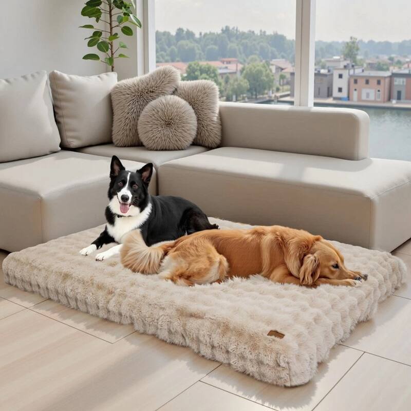 Washable Dog Bed Comfy Fluffy Kennel Pad Anti-Slip Pet Sleeping Mat Dogs Pillow - 51.2x43.3x4.7 inch - Khaki