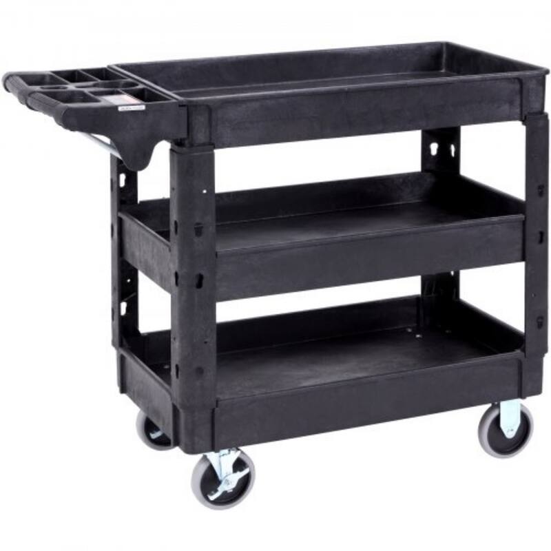 Black Heavy Duty Plastic Rolling Utility Service Cart with 3 Storage Shelf and Lockable Swivel Wheels - 40.70 x 17.13 x 33.74 in