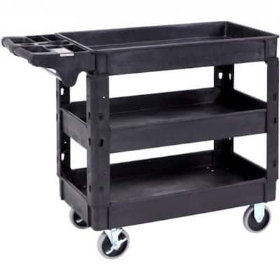 Black Heavy Duty Plastic Rolling Utility Service Cart with 3 Storage Shelf and Lockable Swivel Wheels - 40.70 x 17.13 x 33.74 in
