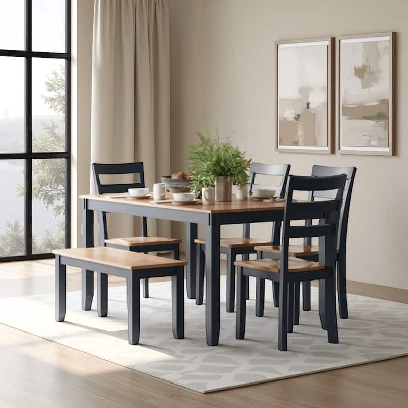 Gasy Dining Table Set with 4 Chairs and 1 Bench, Dark Blue and Brown