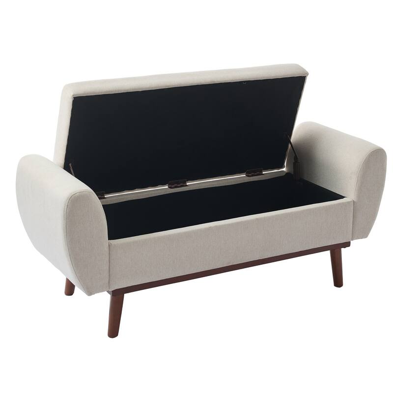 Linen Fabric Storage Ottoman Bench with Hidden Compartment and Rubberwood Legs