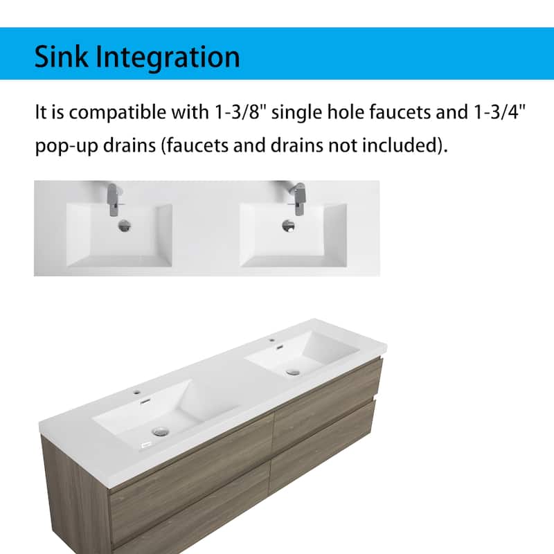 Wall 72" Floating Bathroom Vanity with Sink & and 4 Soft Close Drawers,White/Oak/Grey - 72 inch