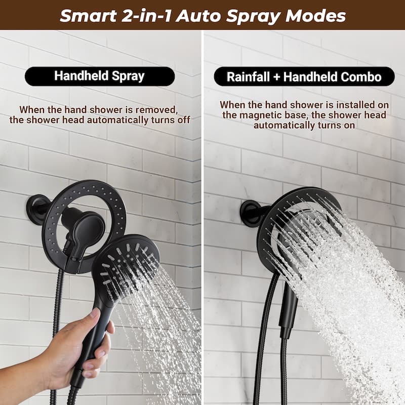 Magnetic 2-in-1 Shower System - 4-Spray 7.5 in. Wall Mount Dual Fixed and Handheld Shower Head in Matte Black