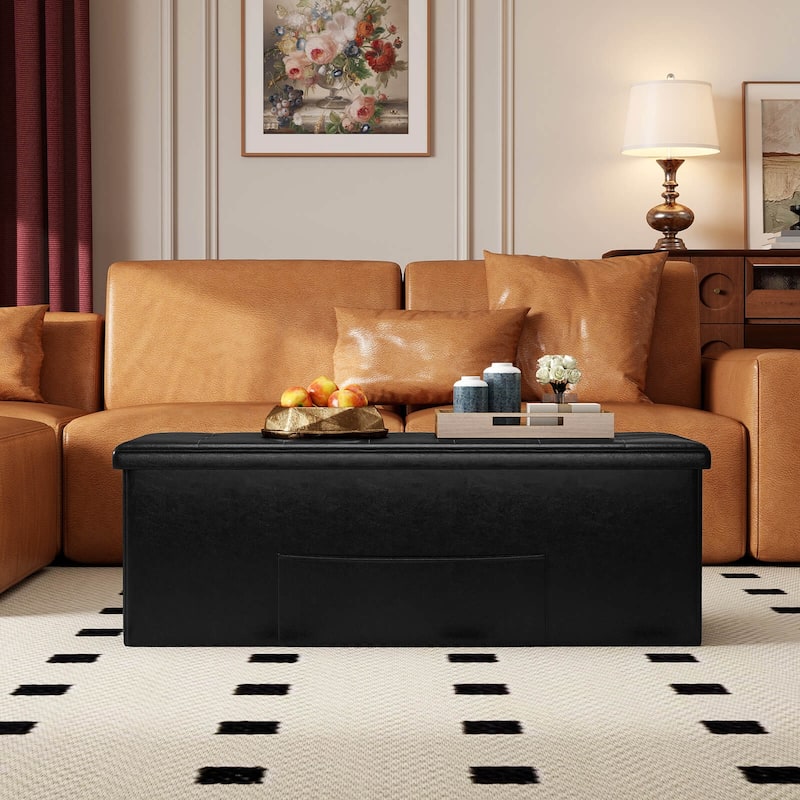 Costway 43 Inches Folding Storage Ottoman Bench with Side Pocket