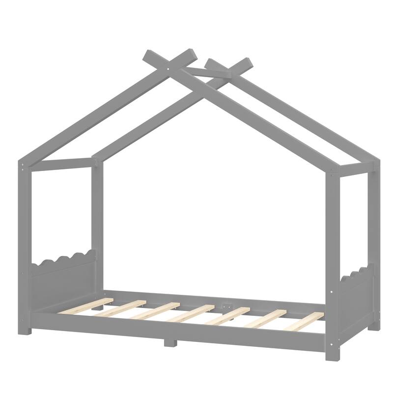 Roomfitters House Floor Bed with Support Slats, Solid Wood Open Frame Design